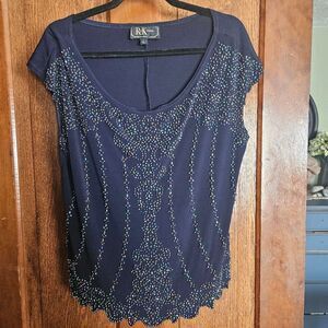 Navy Embellished Scoop Neck Blouse Cap Sleeve Lightweight Top Women’s Large L